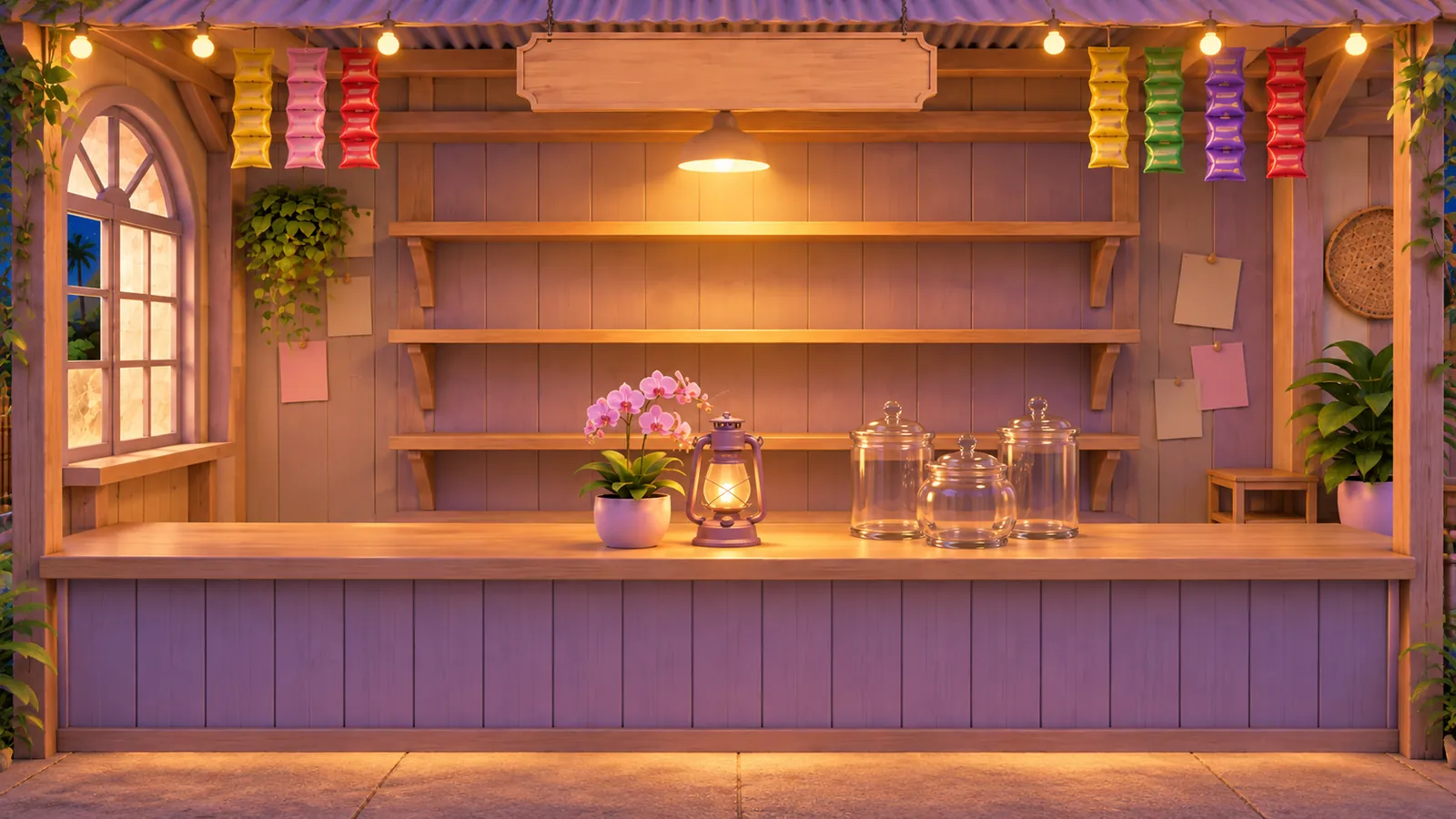 A cosy sari-sari store at night: wooden shelves, a counter with glass jars, a lantern and an orchid