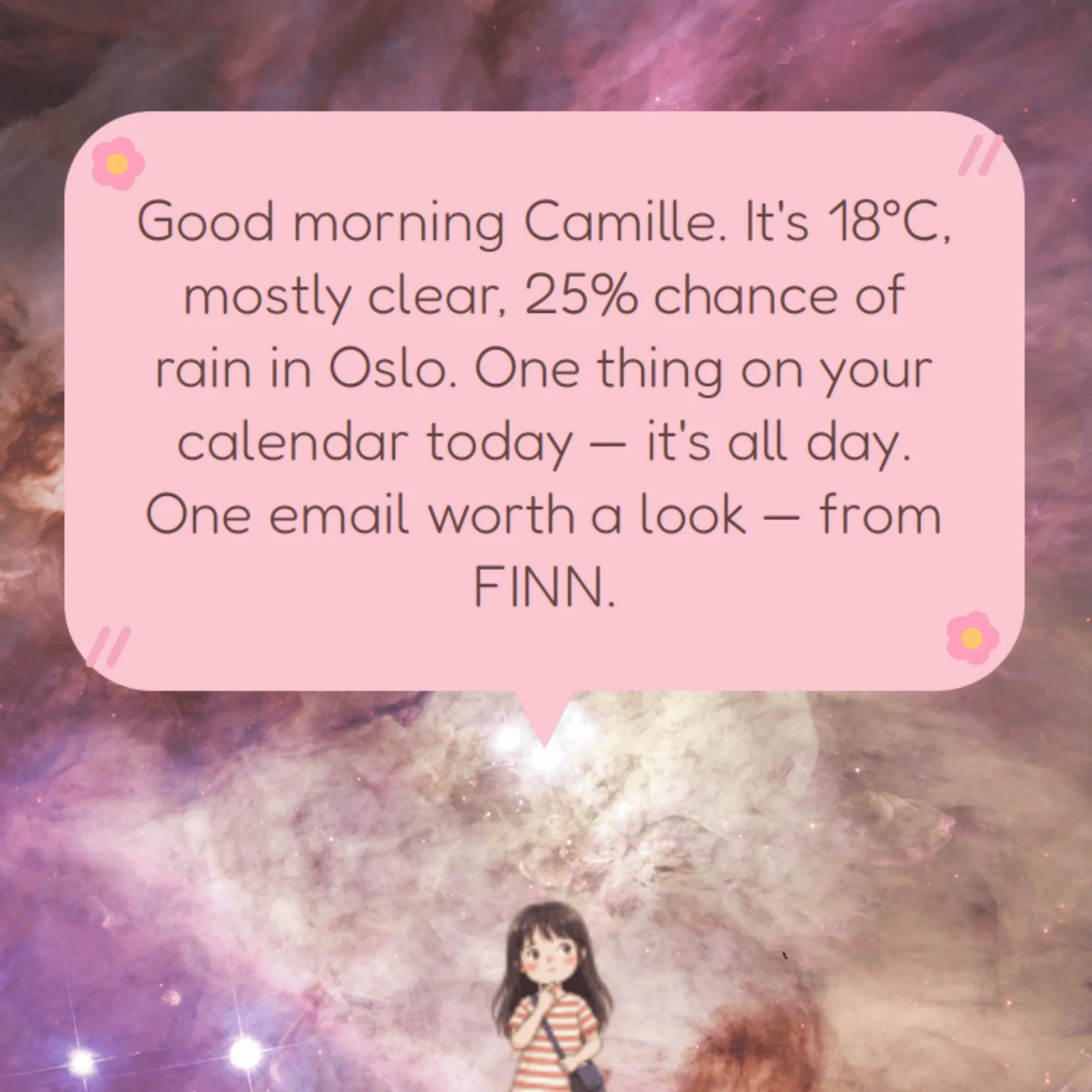 Charlie's morning brief with calendar and weather