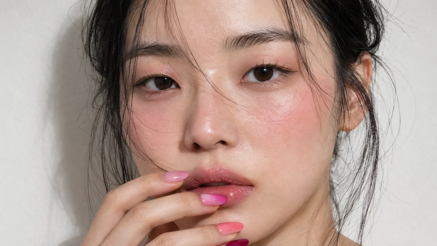The same close-up portrait against a pale wall, the wall now starting bright at the left edge and falling off steadily into shadow as it approaches her