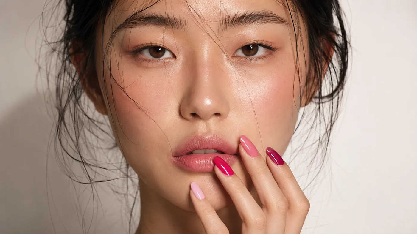 Close-up studio portrait of a dark-haired woman with pink manicured fingers at her lips against a pale wall, a dark band sitting on the wall behind her with lighter wall on either side of it