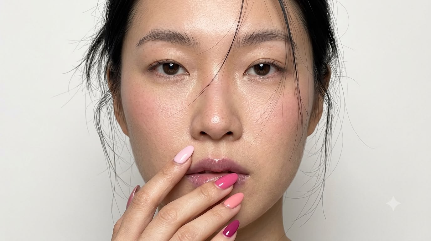 Head-on close-up of the same dark-haired woman against an off-white wall, hand at her lips, the framing pulled back a little and the wall holding visibly more detail
