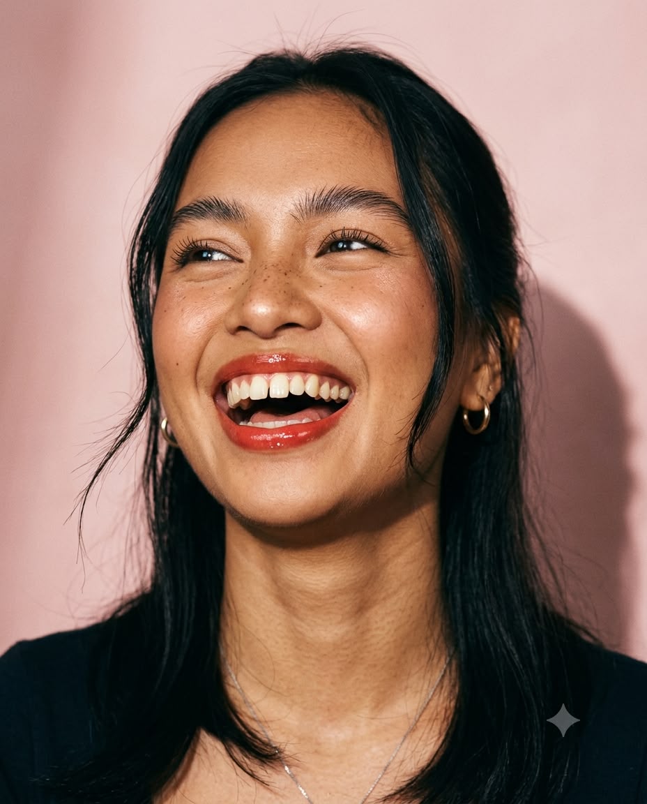 Studio portrait of a laughing dark-haired woman in a black top and gold hoop earrings against a pink wall, freckles visible across her cheeks and nose