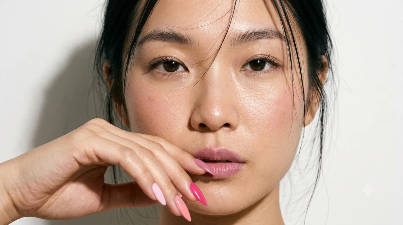 Wide close-up of a dark-haired woman against an off-white wall, fingertips with pink nails resting at her lips, her hand sitting large in the frame and the wall behind her softly out of focus
