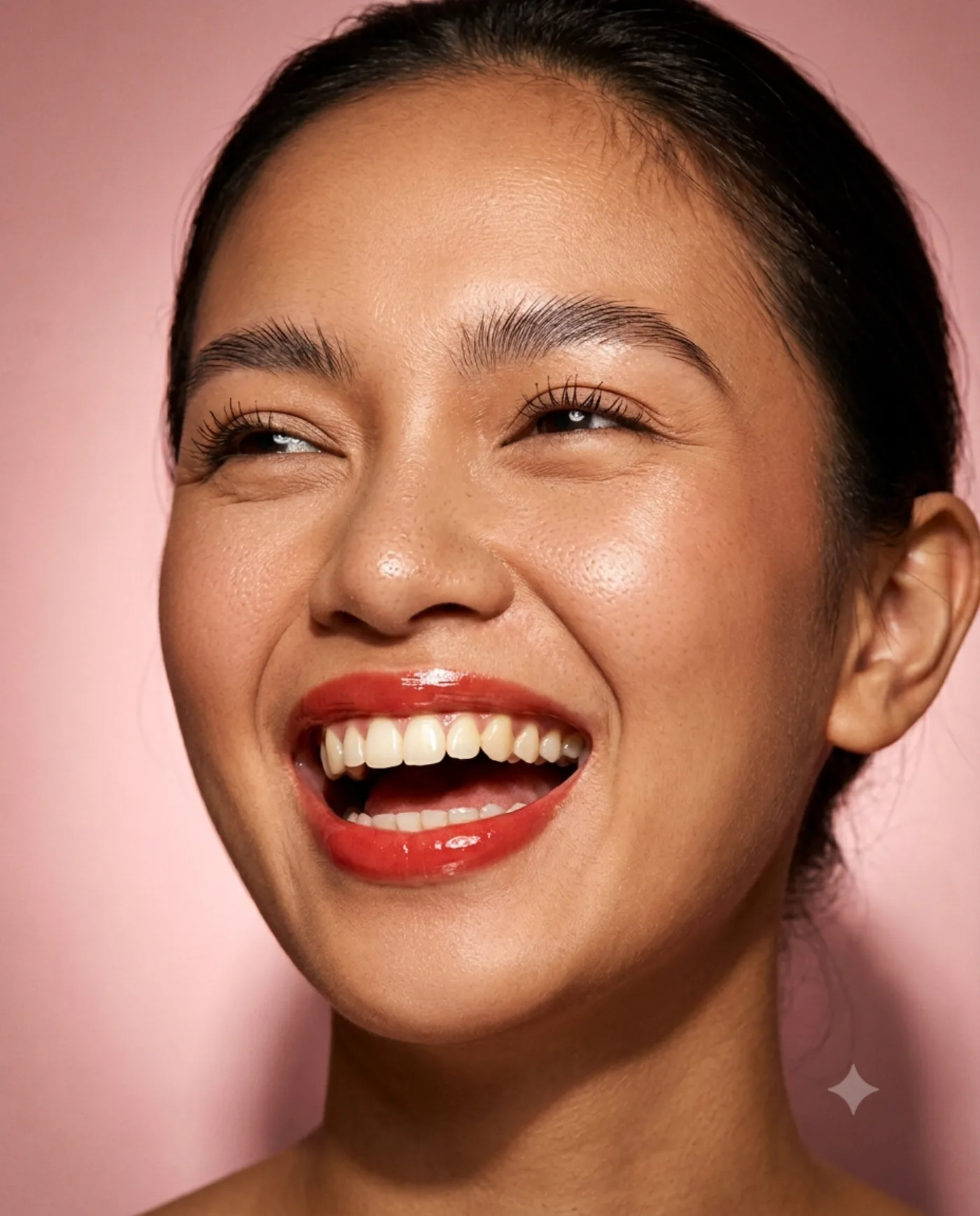 Tight studio portrait of a dark-haired woman laughing with her head tilted back against a pink wall, glossy red lipstick, upper teeth and gum line visible