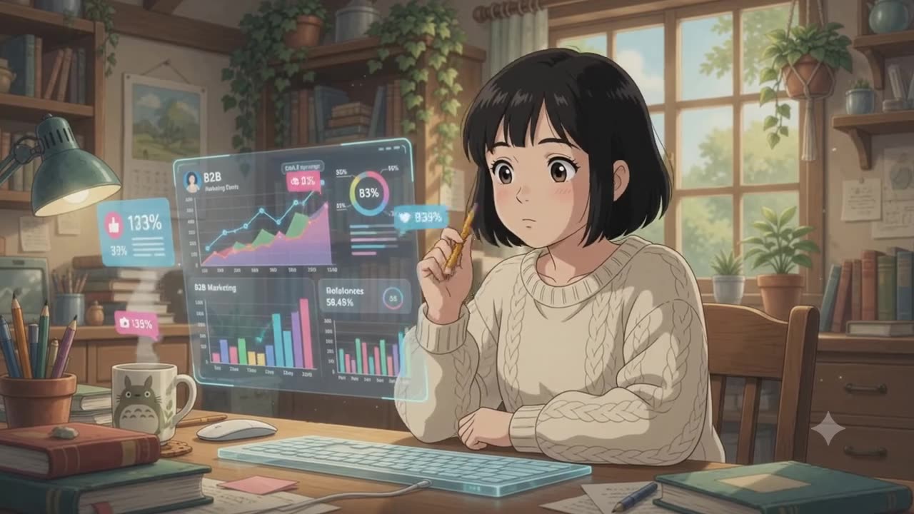 Studio-Ghibli-style animation of a person at a laptop as AI reshapes how B2B buyers research vendors