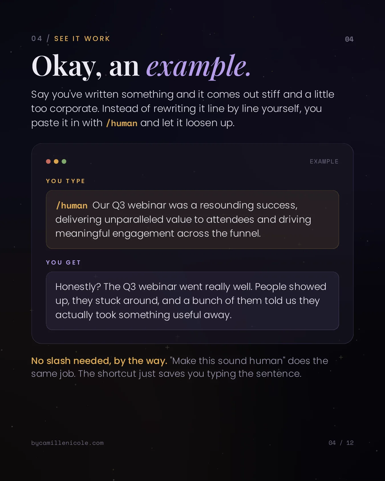 Before-and-after of the /human shortcut: a stiff, buzzword-heavy paragraph rewritten into warmer, plainer language