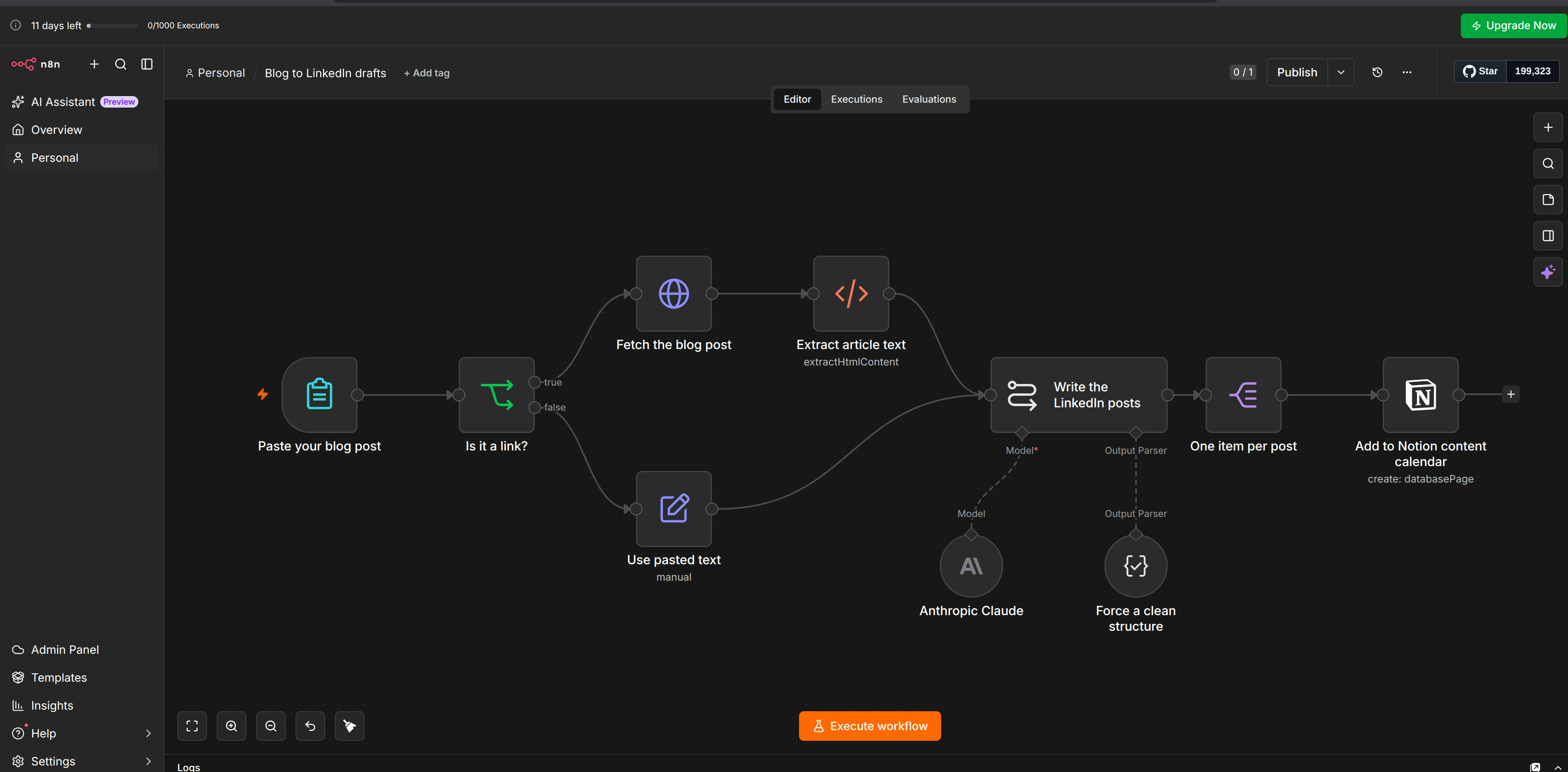 complete n8n workflow imported from a Claude generated JSON file, showing all connected nodes