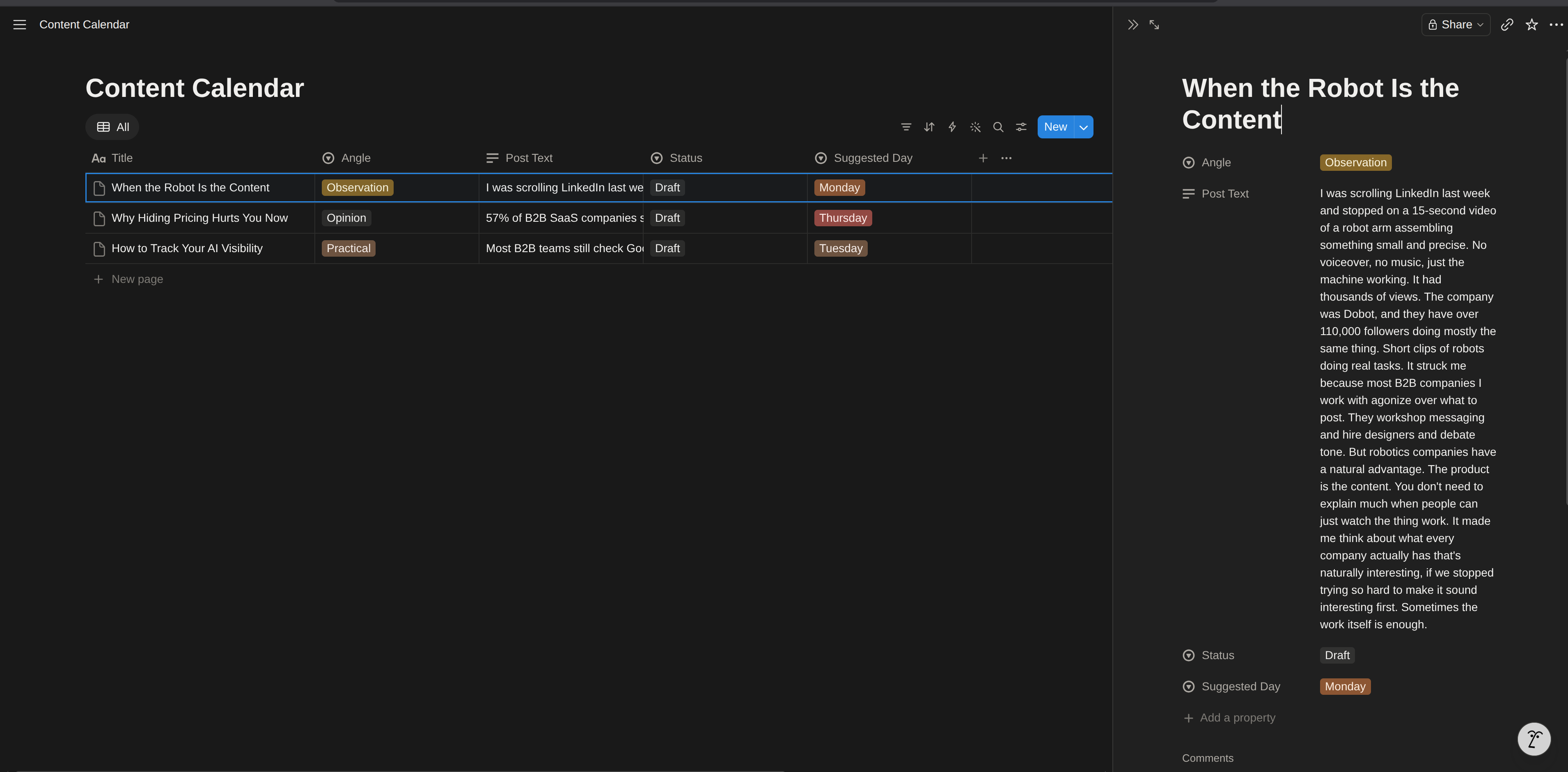 three AI generated LinkedIn drafts saved as rows in a Notion content calendar, each marked as Draft